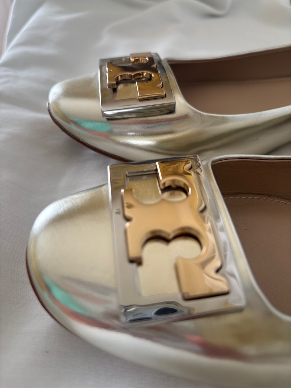 Tory Burch Silver Iridescent Gold Logo Block Heel Flats - Picture 9 of 16